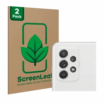 Vorderseite einer Produktverpackung mit dem Markenlogo ScreenLeaf. Daneben ist das Gerät Samsung Galaxy A52s 5G (NUR Kamerasch
