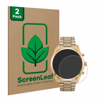 Vorderseite einer Produktverpackung mit dem Markenlogo ScreenLeaf. Daneben ist das Gerät Michael Kors Access Gen 6 Bradshaw mi