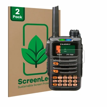 Vorderseite einer Produktverpackung mit dem Markenlogo ScreenLeaf. Daneben ist das Gerät Yaesu FT-70DR mit dem zugehörigen Dis