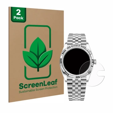 Vorderseite einer Produktverpackung mit dem Markenlogo ScreenLeaf. Daneben ist das Gerät Rolex Datejust 36 mit dem zugehörigen