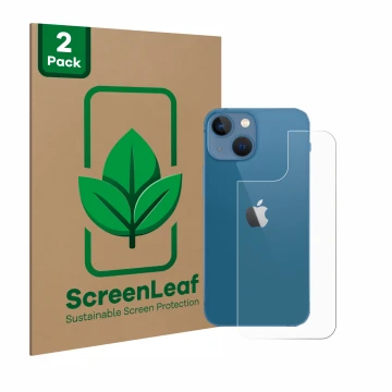 Vorderseite einer Produktverpackung mit dem Markenlogo ScreenLeaf. Daneben ist das Gerät Apple iPhone 13 mini (Rückseite) mit 