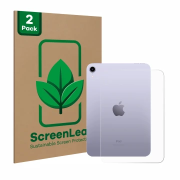 Vorderseite einer Produktverpackung mit dem Markenlogo ScreenLeaf. Daneben ist das Gerät Apple iPad Mini 6 WiFi 2021 (Rückseit