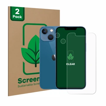 Vorderseite einer Produktverpackung mit dem Markenlogo ScreenLeaf. Daneben ist das Gerät Apple iPhone 13 mini (Display+Kamera)