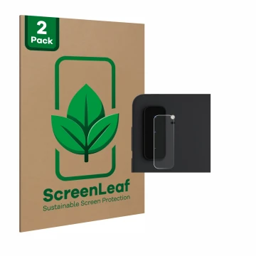 Vorderseite einer Produktverpackung mit dem Markenlogo ScreenLeaf. Daneben ist das Gerät Microsoft Surface Duo 2 (NUR Kamerasc