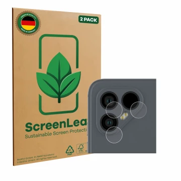 Vorderseite einer Produktverpackung mit dem Markenlogo ScreenLeaf. Daneben ist das Gerät Fairphone 4 (NUR Kameraschutz) mit de