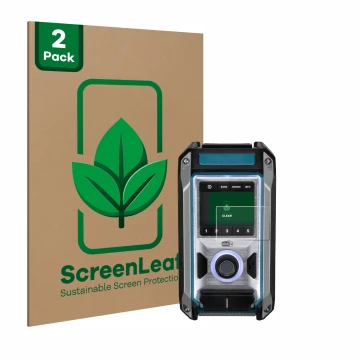 Vorderseite einer Produktverpackung mit dem Markenlogo ScreenLeaf. Daneben ist das Gerät Makita DMR115 mit dem zugehörigen Dis
