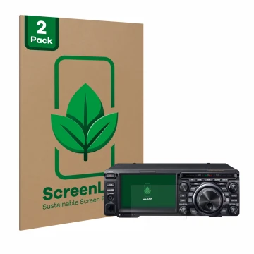 Vorderseite einer Produktverpackung mit dem Markenlogo ScreenLeaf. Daneben ist das Gerät Yaesu FT-DX10 mit dem zugehörigen Dis