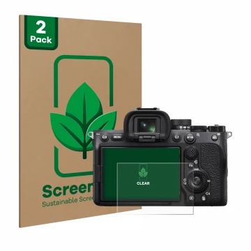 Vorderseite einer Produktverpackung mit dem Markenlogo ScreenLeaf. Daneben ist das Gerät Sony Alpha 7 IV mit dem zugehörigen D