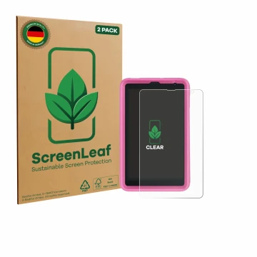 Vorderseite einer Produktverpackung mit dem Markenlogo ScreenLeaf. Daneben ist das Gerät Blackview Tab 6 Kids mit dem zugehöri