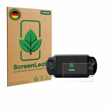 Vorderseite einer Produktverpackung mit dem Markenlogo ScreenLeaf. Daneben ist das Gerät Sony Playstation PS Vita mit dem zuge