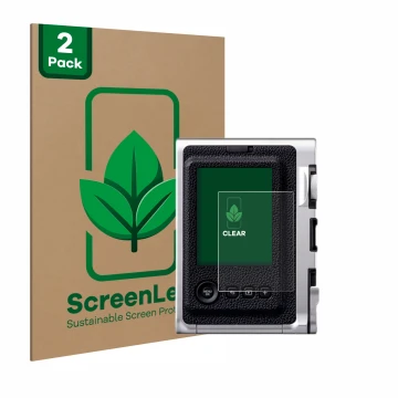 Vorderseite einer Produktverpackung mit dem Markenlogo ScreenLeaf. Daneben ist das Gerät Fujifilm Instax Mini Evo mit dem zuge