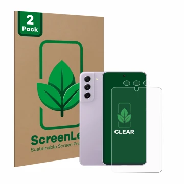 Vorderseite einer Produktverpackung mit dem Markenlogo ScreenLeaf. Daneben ist das Gerät Samsung Galaxy S21 FE 5G (Display+Kam