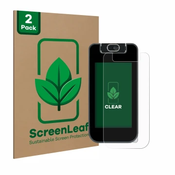 Vorderseite einer Produktverpackung mit dem Markenlogo ScreenLeaf. Daneben ist das Gerät Vtech Kidicom Advance 3.0 mit dem zug