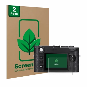 Vorderseite einer Produktverpackung mit dem Markenlogo ScreenLeaf. Daneben ist das Gerät Leica M11 mit dem zugehörigen Display