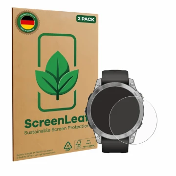 Vorderseite einer Produktverpackung mit dem Markenlogo ScreenLeaf. Daneben ist das Gerät Garmin Fenix 7 (47 mm) mit dem zugehö