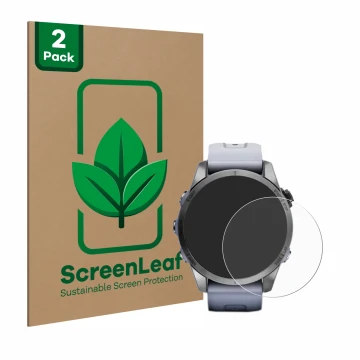 Vorderseite einer Produktverpackung mit dem Markenlogo ScreenLeaf. Daneben ist das Gerät Garmin Fenix 7S (42 mm) mit dem zugeh