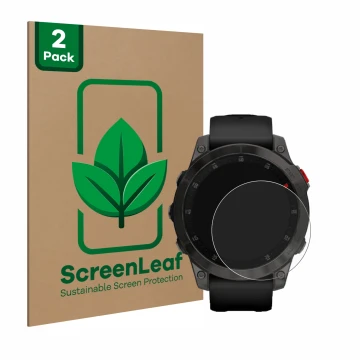 Vorderseite einer Produktverpackung mit dem Markenlogo ScreenLeaf. Daneben ist das Gerät Garmin epix (Gen. 2) mit dem zugehöri
