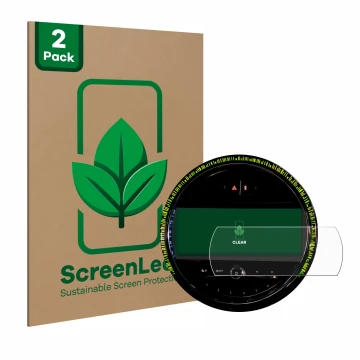 Vorderseite einer Produktverpackung mit dem Markenlogo ScreenLeaf. Daneben ist das Gerät Mini Cooper 2021 Infotainment System 