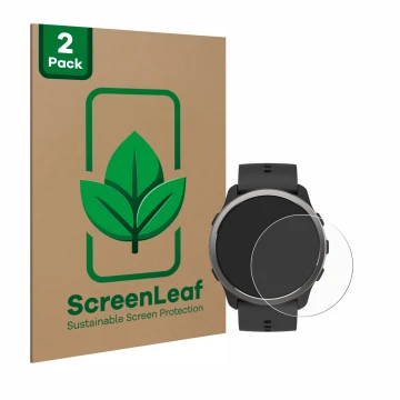 Vorderseite einer Produktverpackung mit dem Markenlogo ScreenLeaf. Daneben ist das Gerät Suunto 5 Peak mit dem zugehörigen Dis