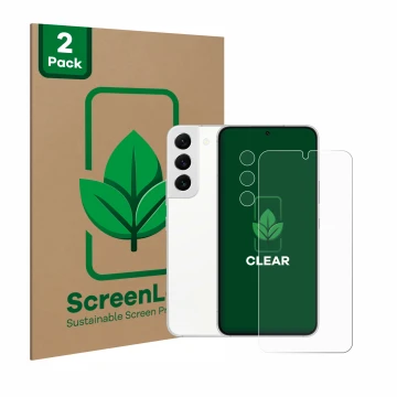 Vorderseite einer Produktverpackung mit dem Markenlogo ScreenLeaf. Daneben ist das Gerät Samsung Galaxy S22 5G (Display+Kamera