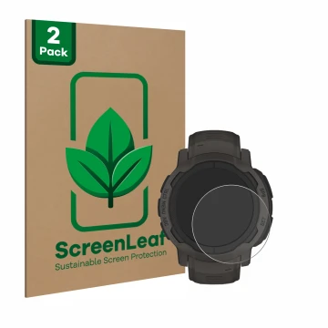 Vorderseite einer Produktverpackung mit dem Markenlogo ScreenLeaf. Daneben ist das Gerät Garmin Instinct 2 mit dem zugehörigen