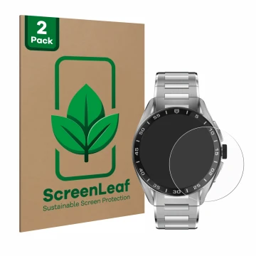 Vorderseite einer Produktverpackung mit dem Markenlogo ScreenLeaf. Daneben ist das Gerät TAG Heuer Connected Calibre E4 (45 mm