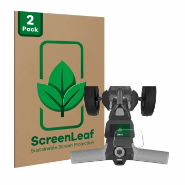 Vorderseite einer Produktverpackung mit dem Markenlogo ScreenLeaf. Daneben ist das Gerät PowaKaddy FX5 2.8