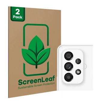 Vorderseite einer Produktverpackung mit dem Markenlogo ScreenLeaf. Daneben ist das Gerät Samsung Galaxy A53 5G (NUR Kameraschu