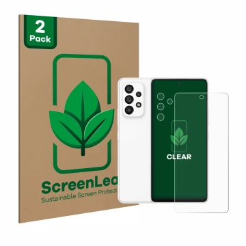 Vorderseite einer Produktverpackung mit dem Markenlogo ScreenLeaf. Daneben ist das Gerät Samsung Galaxy A53 5G (Display+Kamera