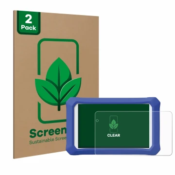 Vorderseite einer Produktverpackung mit dem Markenlogo ScreenLeaf. Daneben ist das Gerät Clementoni Clempad X Revolution mit d