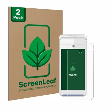Vorderseite einer Produktverpackung mit dem Markenlogo ScreenLeaf. Daneben ist das Gerät Pax A920 mit dem zugehörigen Displays