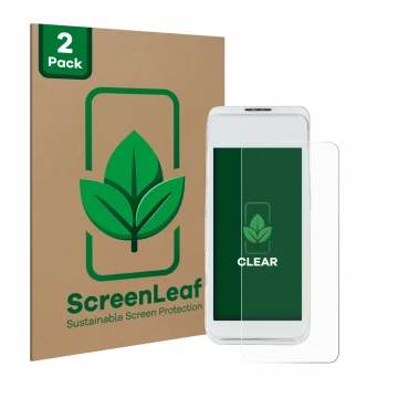 Vorderseite einer Produktverpackung mit dem Markenlogo ScreenLeaf. Daneben ist das Gerät Pax A920 Pro mit dem zugehörigen Disp