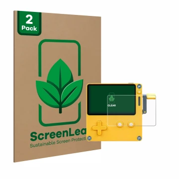 Vorderseite einer Produktverpackung mit dem Markenlogo ScreenLeaf. Daneben ist das Gerät Panic Playdate mit dem zugehörigen Di