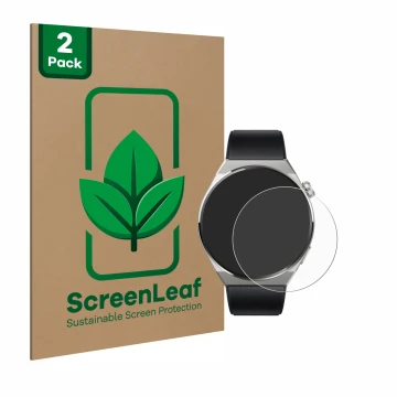 Vorderseite einer Produktverpackung mit dem Markenlogo ScreenLeaf. Daneben ist das Gerät Huawei Watch GT 3 Pro Titanium (46mm)