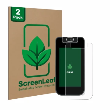 Vorderseite einer Produktverpackung mit dem Markenlogo ScreenLeaf. Daneben ist das Gerät Vtech KidiBuzz 3 mit dem zugehörigen 
