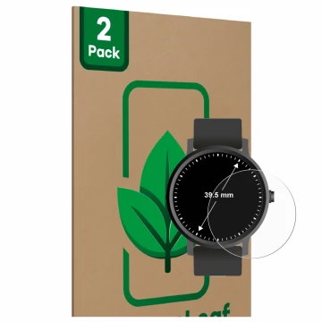 Vorderseite einer Produktverpackung mit dem Markenlogo ScreenLeaf. Daneben ist das Gerät Armbanduhren (Kreisrund, ø: 39.5 mm) 