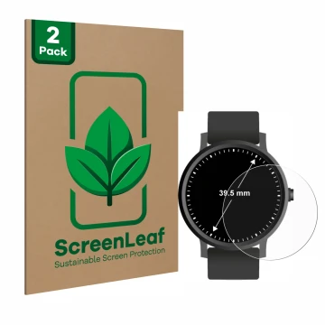 Vorderseite einer Produktverpackung mit dem Markenlogo ScreenLeaf. Daneben ist das Gerät Kreisrunde Displays (ø: 39.5 mm) mit 