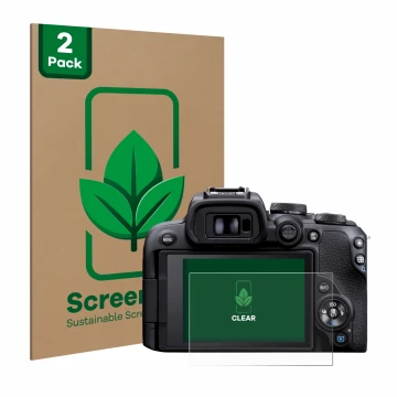 Vorderseite einer Produktverpackung mit dem Markenlogo ScreenLeaf. Daneben ist das Gerät Canon EOS R10 mit dem zugehörigen Dis
