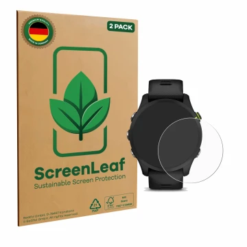 Vorderseite einer Produktverpackung mit dem Markenlogo ScreenLeaf. Daneben ist das Gerät Garmin Forerunner 255 mit dem zugehör