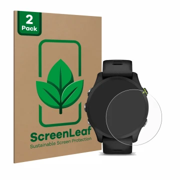 Vorderseite einer Produktverpackung mit dem Markenlogo ScreenLeaf. Daneben ist das Gerät Garmin Forerunner 255 Music mit dem z