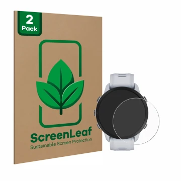 Vorderseite einer Produktverpackung mit dem Markenlogo ScreenLeaf. Daneben ist das Gerät Garmin Forerunner 955 Solar mit dem z