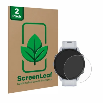 Vorderseite einer Produktverpackung mit dem Markenlogo ScreenLeaf. Daneben ist das Gerät Garmin Forerunner 955 mit dem zugehör