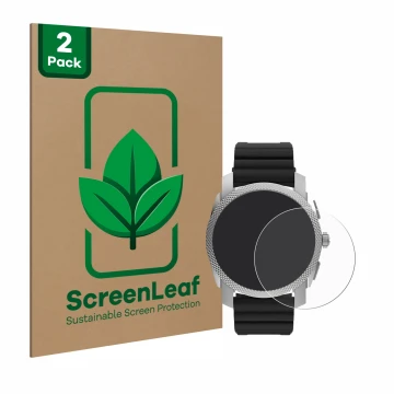Vorderseite einer Produktverpackung mit dem Markenlogo ScreenLeaf. Daneben ist das Gerät Fossil Gen 6 Hybrid Machine (45mm) mi
