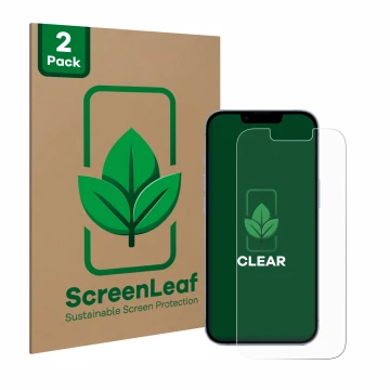 Vorderseite einer Produktverpackung mit dem Markenlogo ScreenLeaf. Daneben ist das Gerät Apple iPhone 14 mit dem zugehörigen D