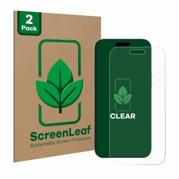 Vorderseite einer Produktverpackung mit dem Markenlogo ScreenLeaf. Daneben ist das Gerät Apple iPhone 14 Pro Max mit dem zugeh