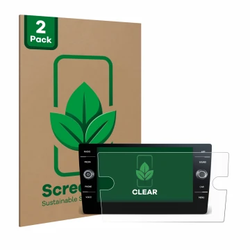 Vorderseite einer Produktverpackung mit dem Markenlogo ScreenLeaf. Daneben ist das Gerät Volkswagen T-Roc R Line 2022 Discover