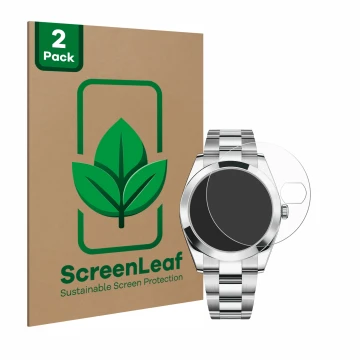 Vorderseite einer Produktverpackung mit dem Markenlogo ScreenLeaf. Daneben ist das Gerät Rolex Datejust 41 mit dem zugehörigen