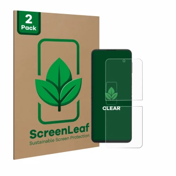 Vorderseite einer Produktverpackung mit dem Markenlogo ScreenLeaf. Daneben ist das Gerät Samsung Galaxy Z Flip 4 mit dem zugeh