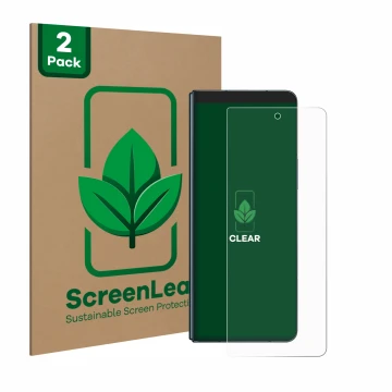 Vorderseite einer Produktverpackung mit dem Markenlogo ScreenLeaf. Daneben ist das Gerät Samsung Galaxy Z Fold 4 mit dem zugeh