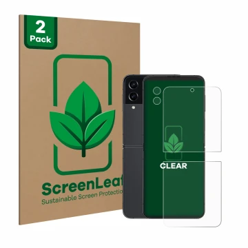 Vorderseite einer Produktverpackung mit dem Markenlogo ScreenLeaf. Daneben ist das Gerät Samsung Galaxy Z Flip 4 (Display+Kame